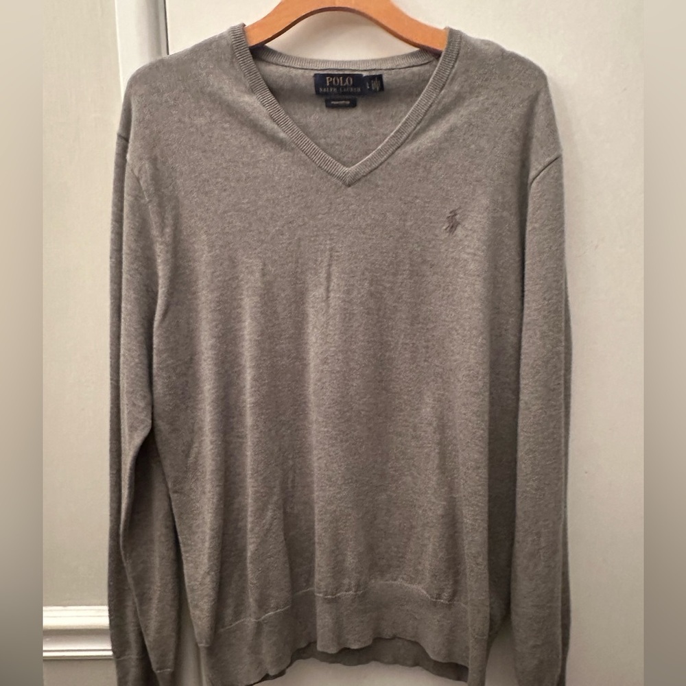 Mens polo Ralph Lauren Pima cotton v-neck gray sweater size L